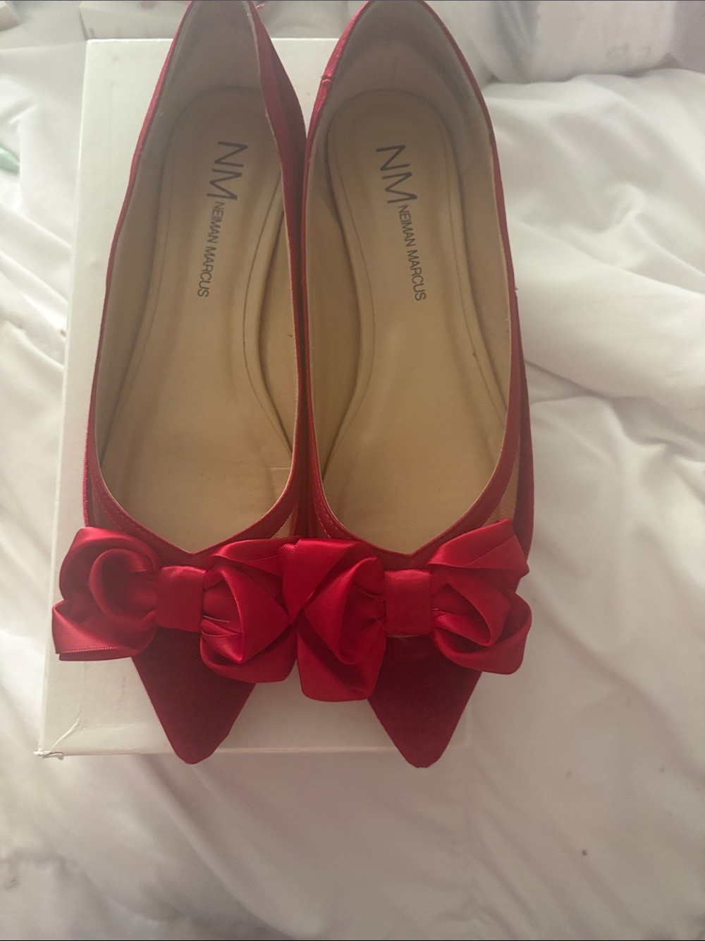 Neiman Marcus Red Satin Pointed Toe Bow Flats